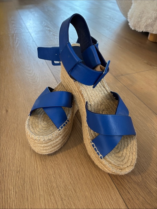 Celine Shoes - Celine Paris Blue Leather Espadrille Platform Wedge Sandals Size 37.5 / 7.5